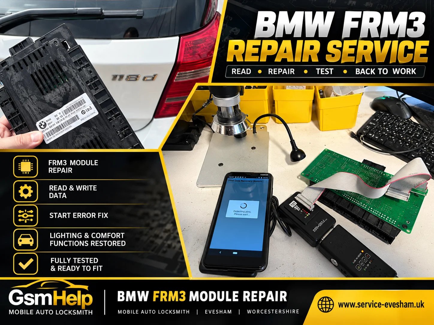 BMW FRM3 footwell module repair and electronic memory recovery in Evesham