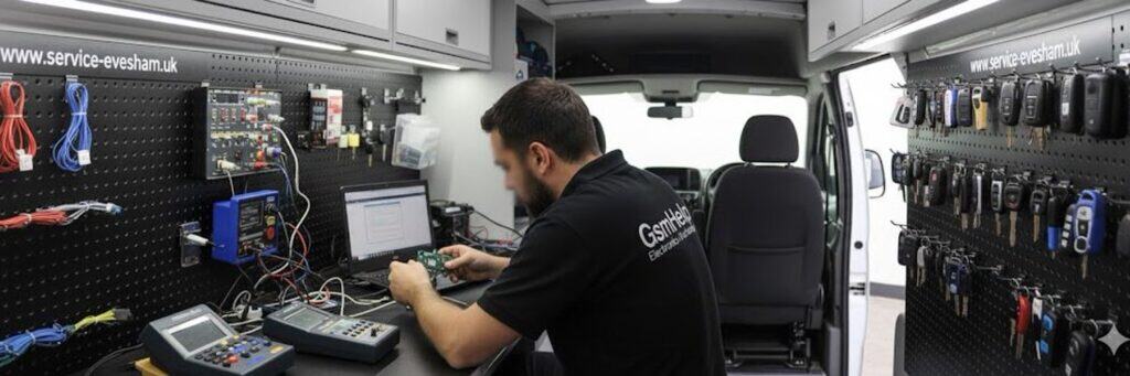 Mobile auto locksmith technician programming car keys inside GSMHelp Electronics Workshop service van in Evesham UK