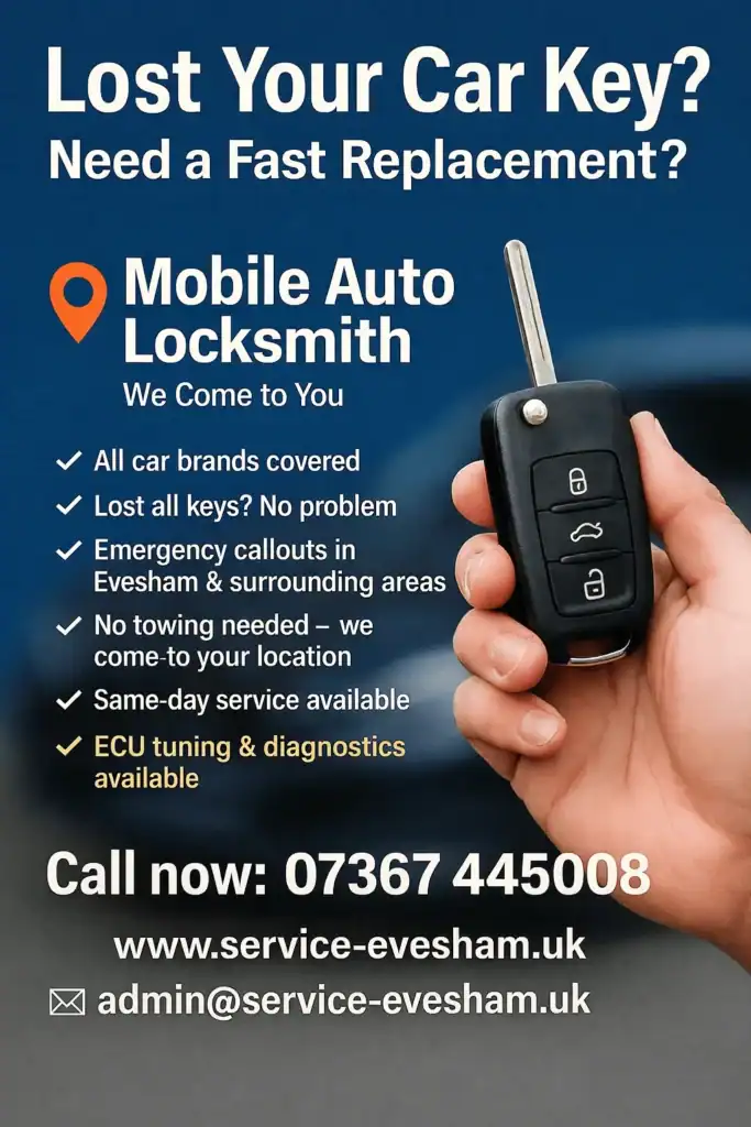 Lost car key replacement mobile auto locksmith in Evesham UK